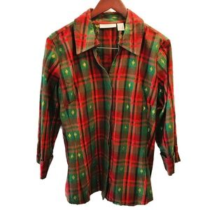 Dress Barn Plaid Button Down Shirt XL Christmas holiday red green gold